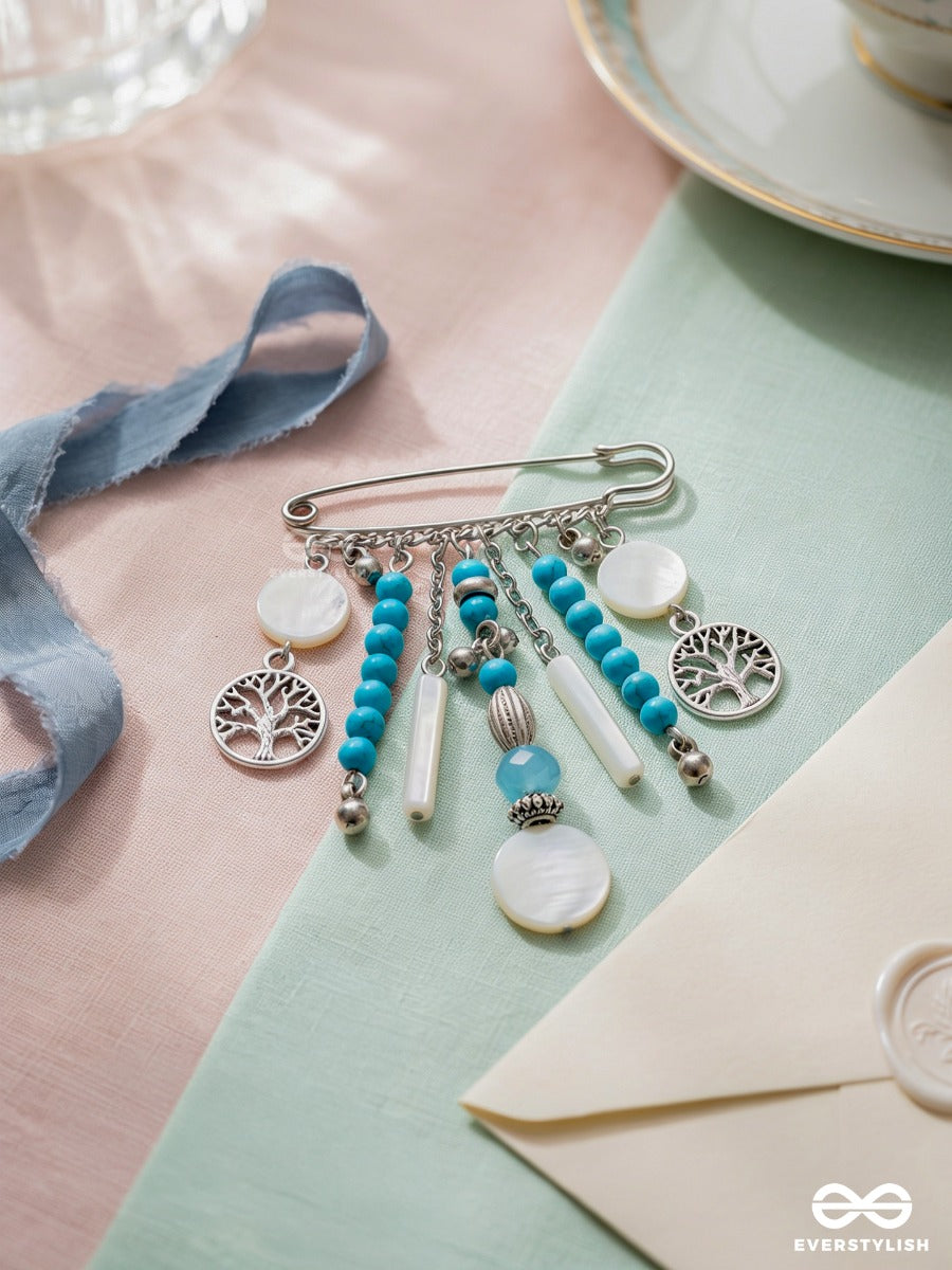 Ocean Roots – Silver-Tone Brooch Pin With Tree Of Life Charms And Turquoise Beads