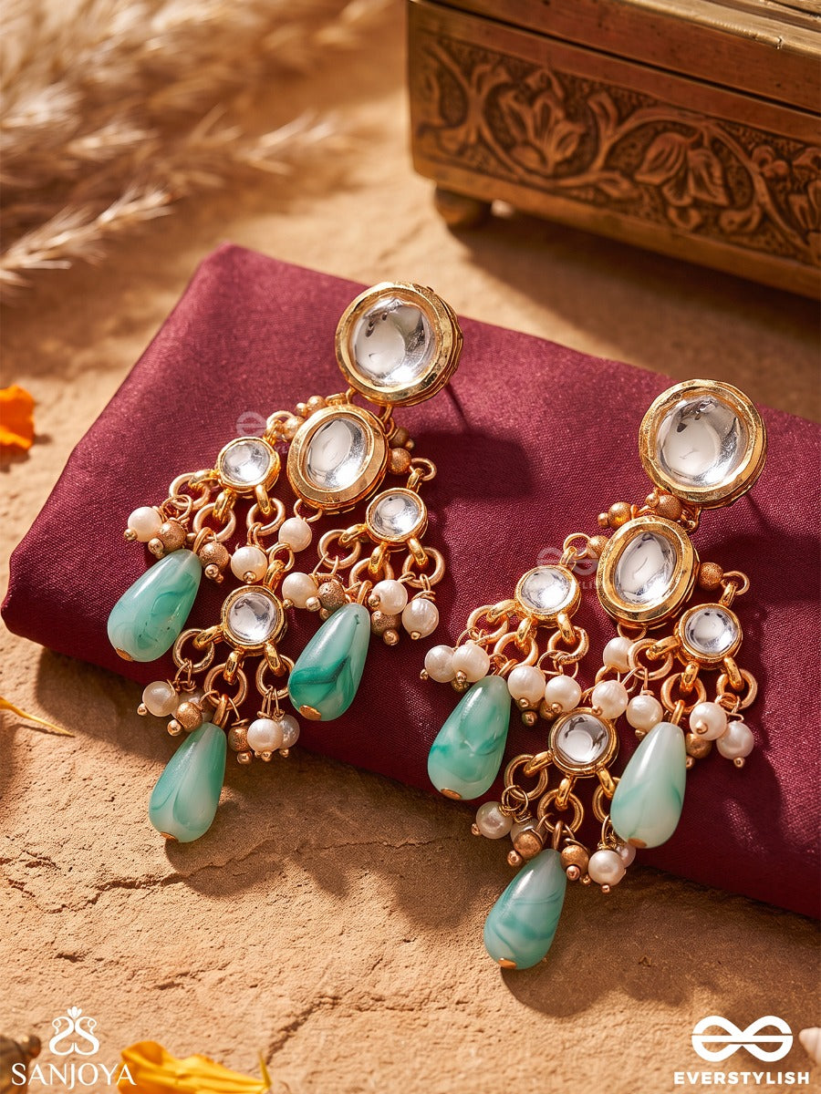 Ratnavali – String Of Gems – Heritage Earrings With Oval Kundan Settings, Pearl Clusters, Aqua Teardrop Danglers And Delicate Golden Filigree