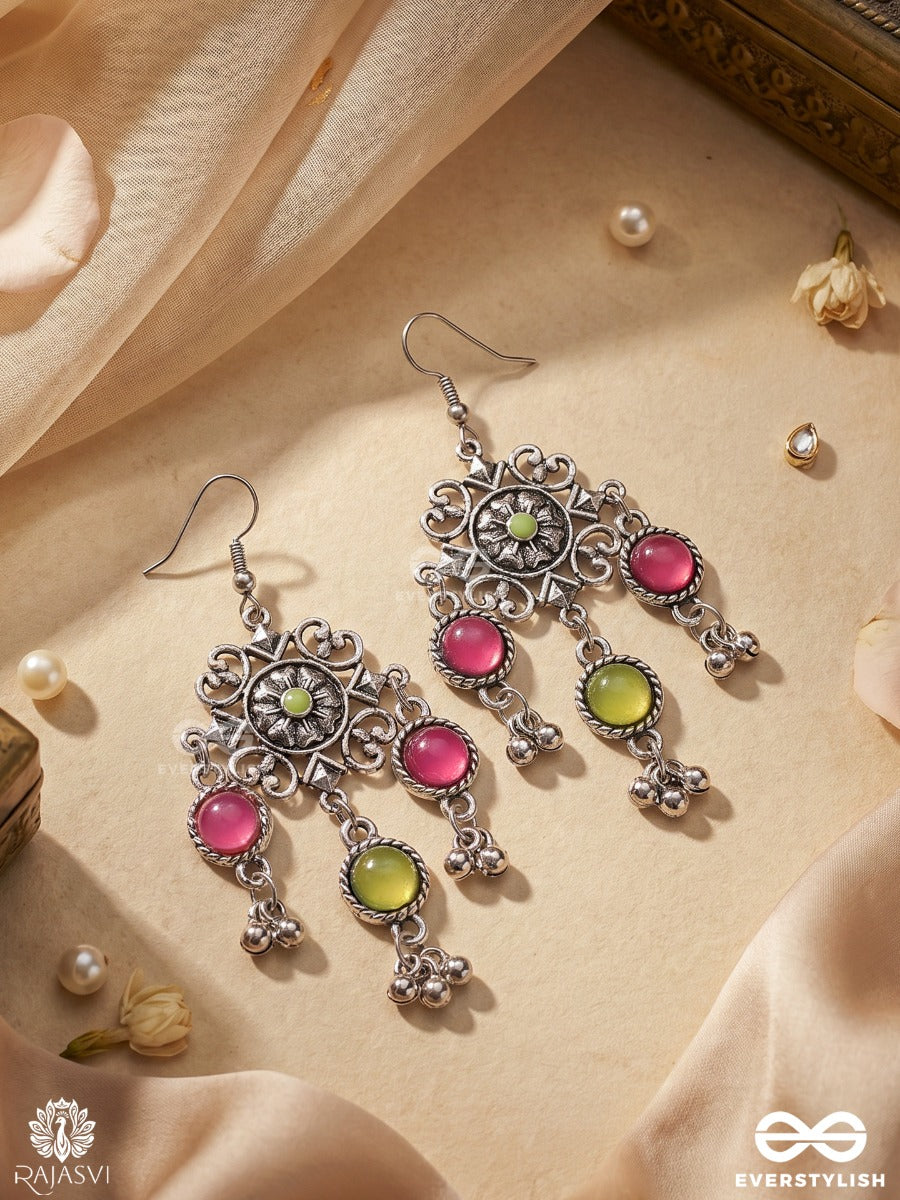 Madhuvarni – Oxidised Floral Heritage Earrings With Fuchsia And Lime Stones, Finished With Ghungroo Drops