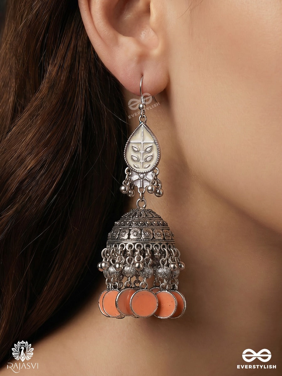 Mohinilekha – Oxidised Jhumka Earrings With Ivory Enamel Motifs, Peach Disc Fringe And Ghungroo Details