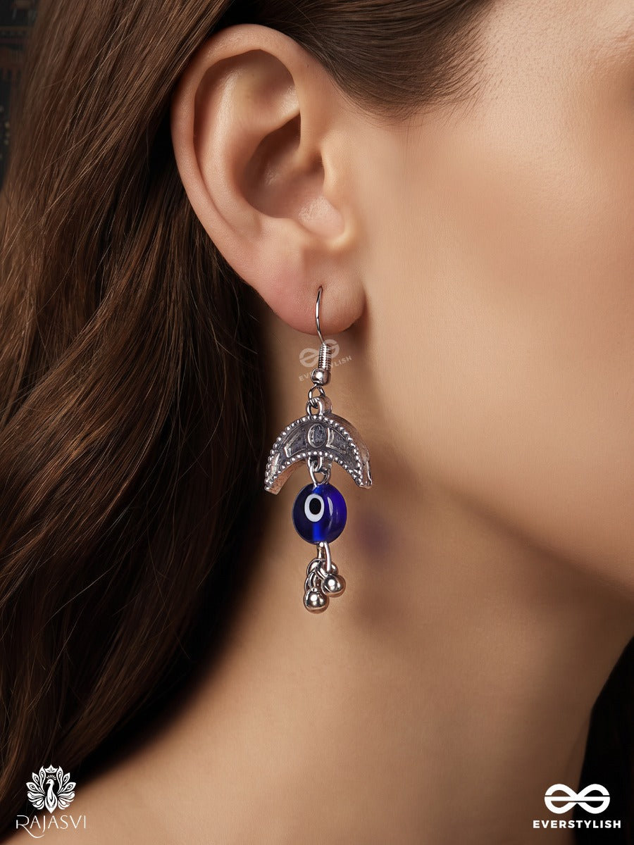 Chandranazar – Oxidised Crescent Earrings With Blue Nazar Beads And Ghungroo Drops