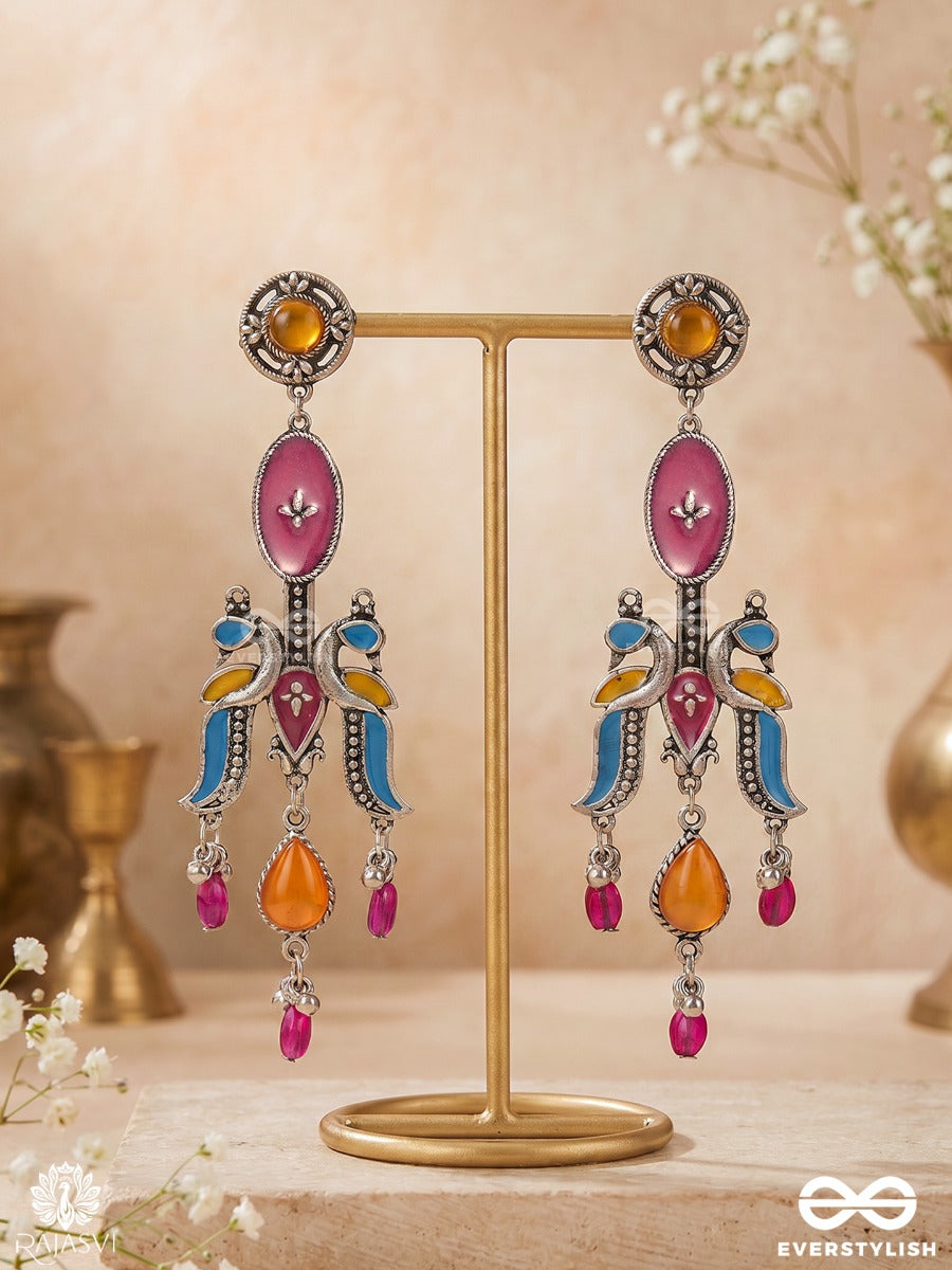 Morlekhika – Oxidised Peacock Earrings With Multicolour Enamel, Teardrop Stones And Ghungroo Drops