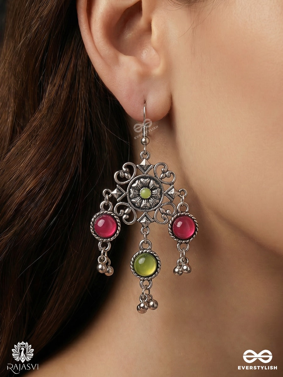 Madhuvarni – Oxidised Floral Heritage Earrings With Fuchsia And Lime Stones, Finished With Ghungroo Drops