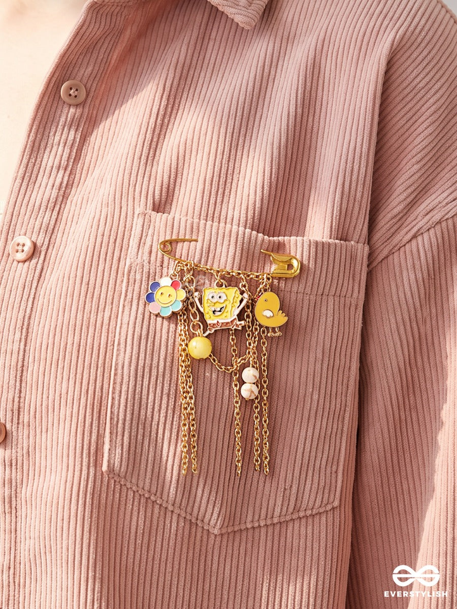 Golden Giggles – Gold-Tone Brooch Pin With Yellow Enamel Charms And Daisy Detail