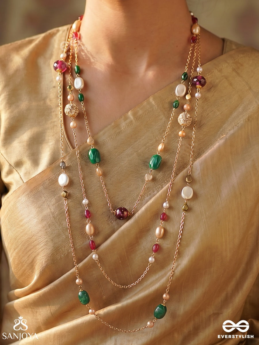 Nirantara – Everlasting – Elegant Layered Necklace With Multi-Colour Gemstones, Pearls And Floral Connectors