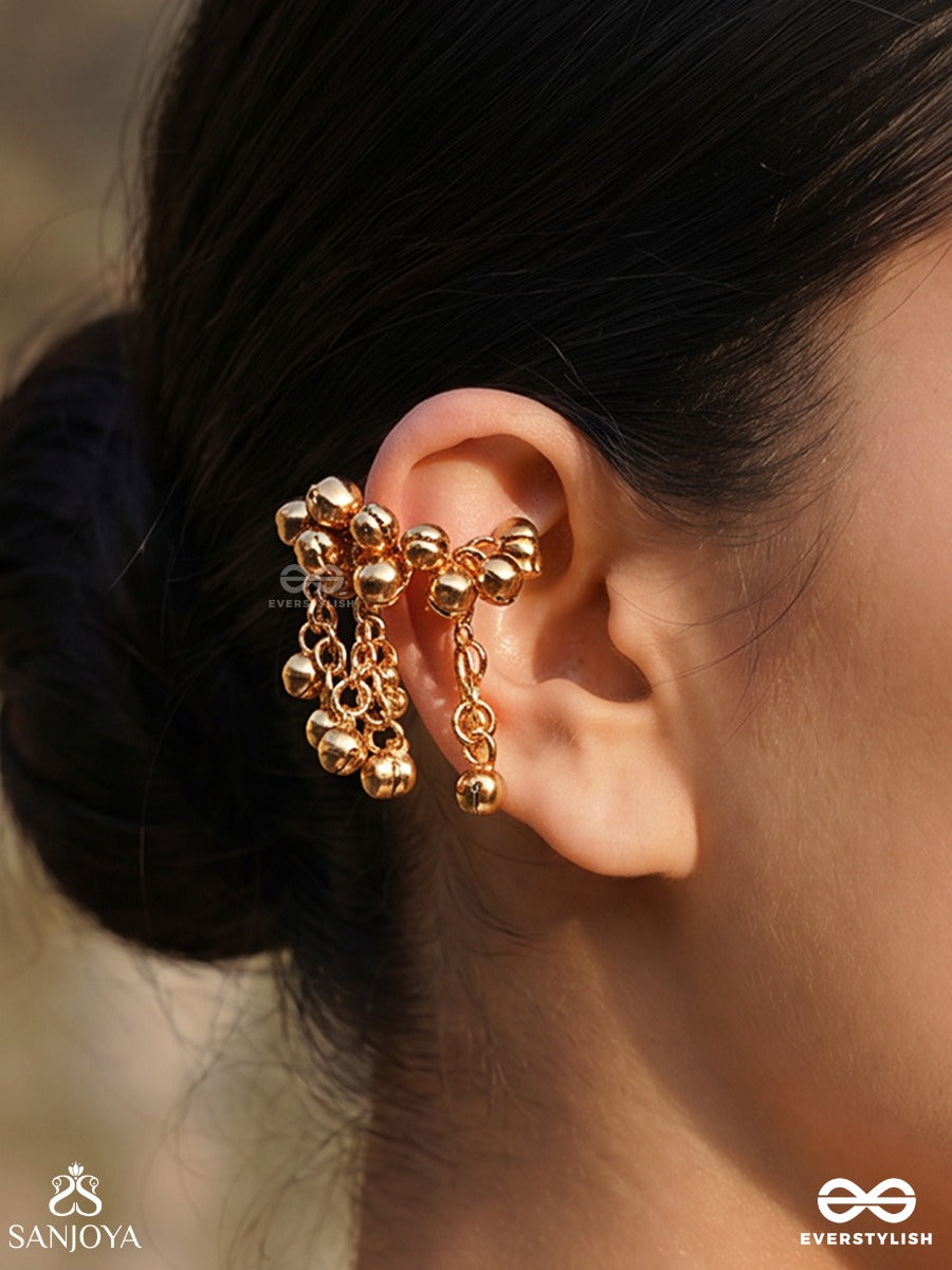 Kanakghunghra – Golden Bells – Festive Single Earcuff With Round Gold-Tone Bead Clusters, Open-Hoop Form And Dangling Charm Details