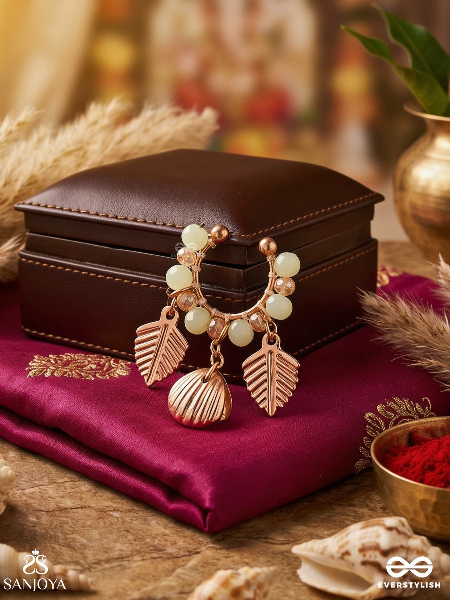 Shankhpatra – Shell And Leaf – Ornate Single Earcuff With Soft Mint Beadwork, Gold-Tone Leaf Charms And Delicate Shell Detail