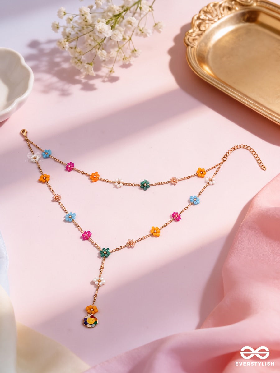Bloom Carnival – Layered Gold-Tone Necklace With Multicolour Floral Accents