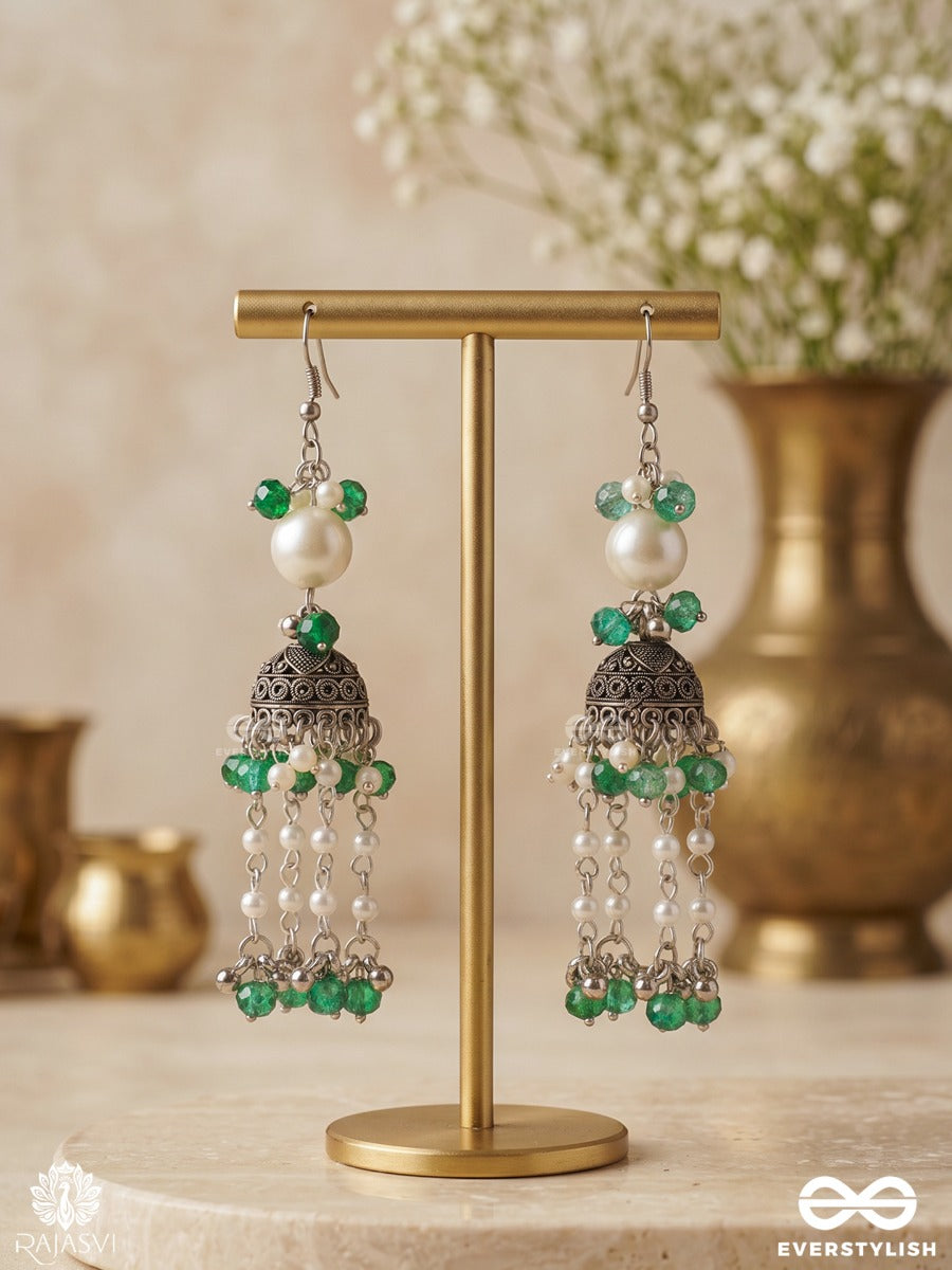 Patrangi – Oxidised Jhumkas With Emerald Green Beads, Pearl Strands And Cascading Tassels