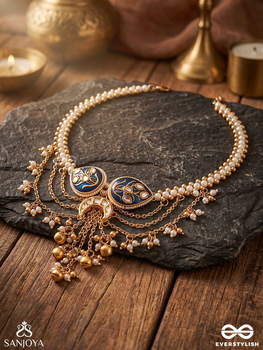 Vaijayanti – Garland Of Victory – Heritage Armlet (Single) With Navy Enamel Motifs, Pearl Strands, Ghungroo Charms And Cascading Chains