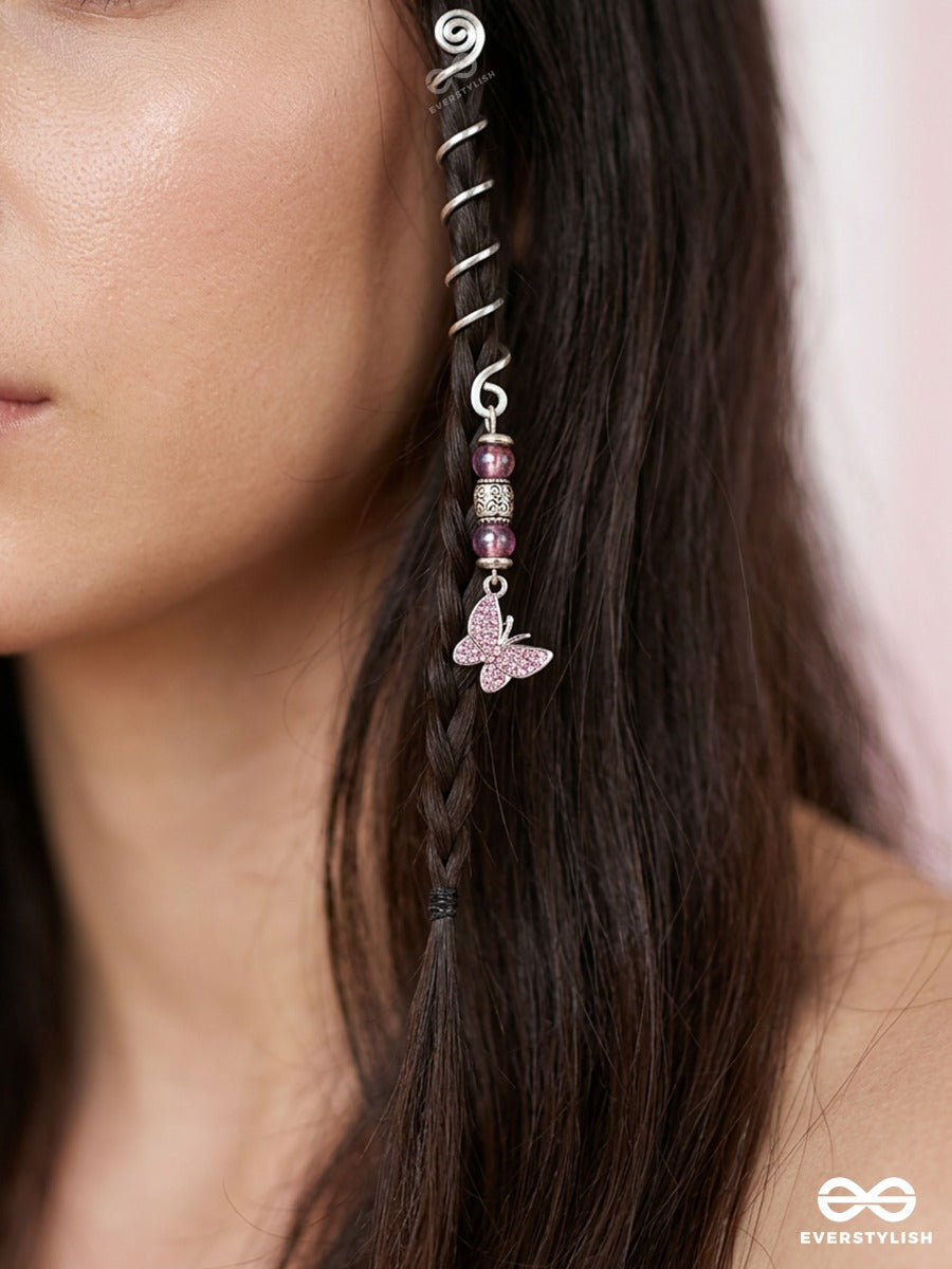 Rosewing – Silver Spiral Braidlet With Pink Beads And Butterfly Charm