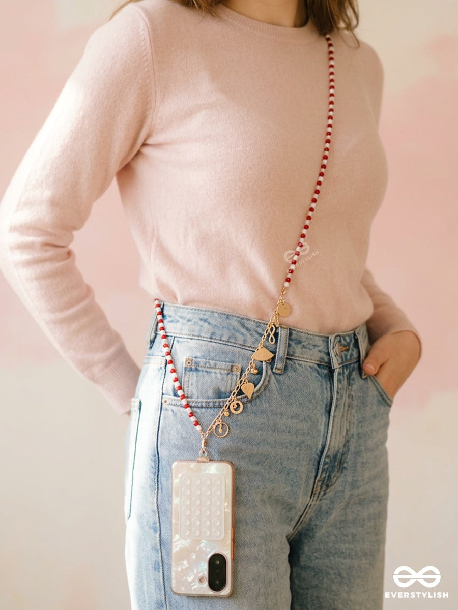 Cherry Call – Red Beaded Phone Sling With Gold-Tone Details