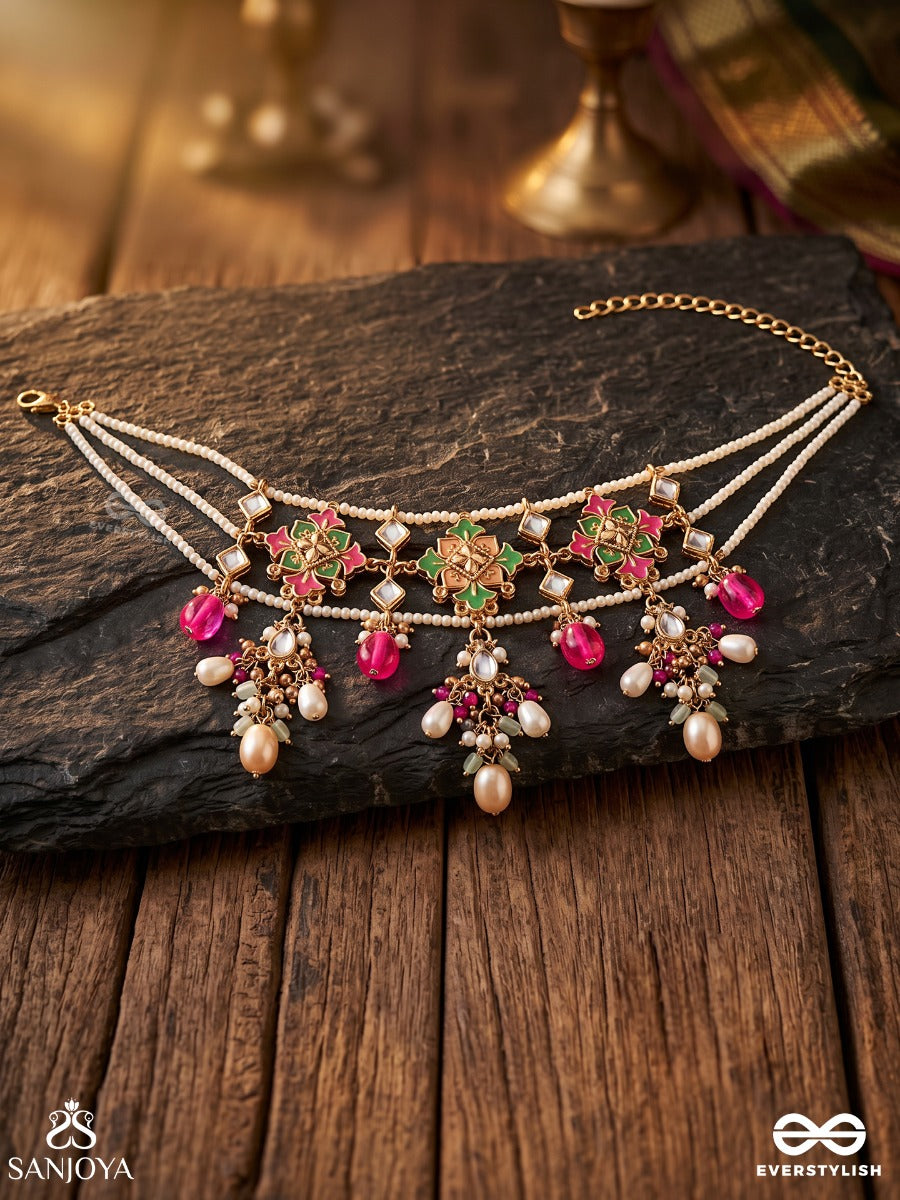 Vedhini – Sacred Adornment – Heritage Choker With Delicate Pearl Strands, Vibrant Pink Bead Drops, Green Accents And Golden Motifs