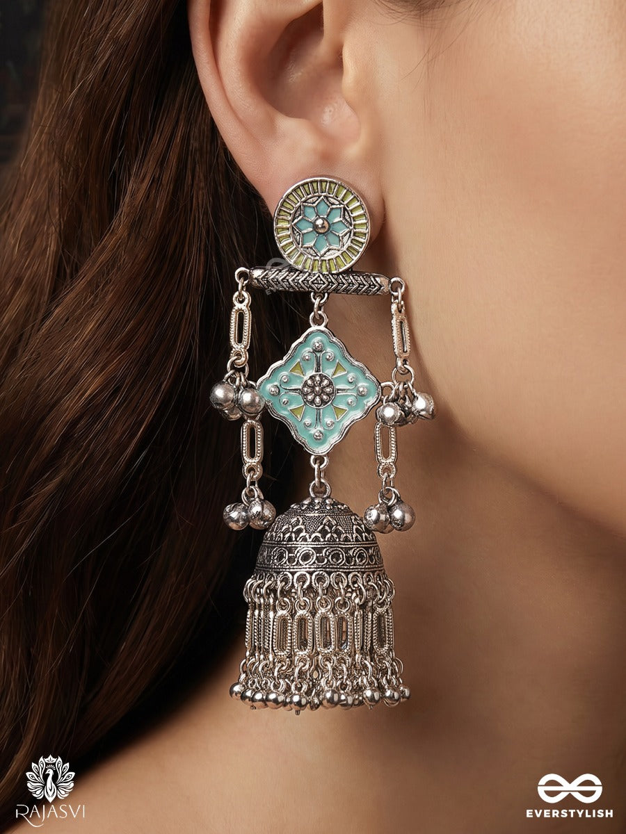 Firozmala – Oxidised Jhumka Earrings With Turquoise Enamel And Ornate Filigree