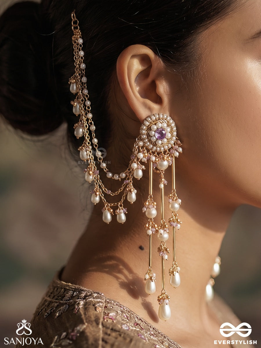 Udyanshika – Bloom Of The Garden – Heritage Earrings With Ear Chain, Floral Kundan Studs, Layered Pearl Chains And Pearl Drops
