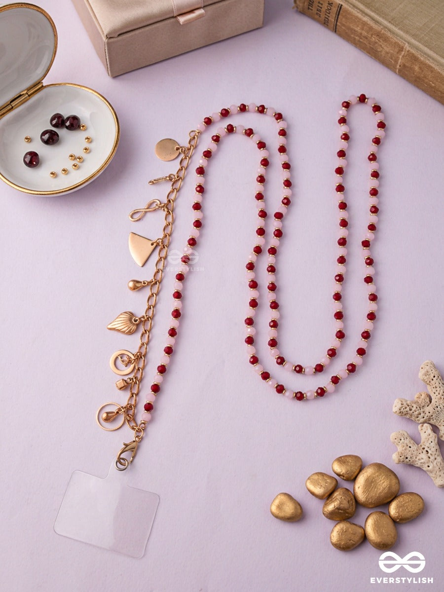 Cherry Call – Red Beaded Phone Sling With Gold-Tone Details