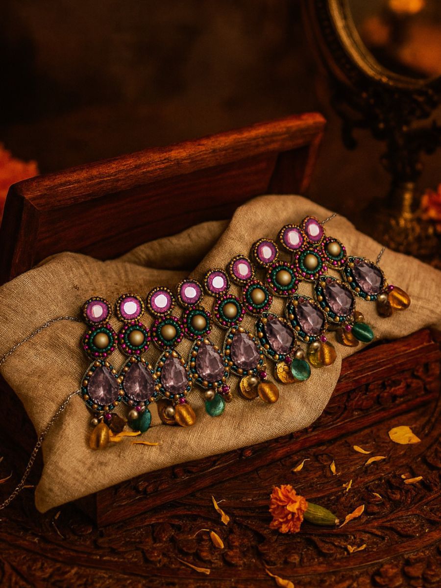 Vashikrit - The Hypnotic Tiers - Mirror, Stones, Coins And Glass Drops Hand Embroidered Set With Oxidised Choker Neckpiece & Earrings
