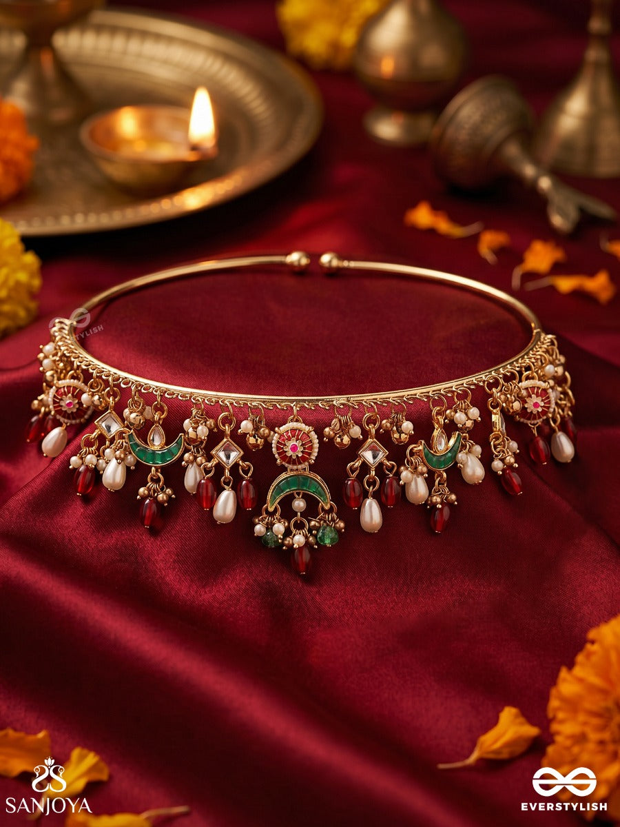 Noyonika – Beautiful Eyes – Heritage Hasli Necklace With Enamel Crescent Charms, Floral Motifs, Pearl Accents And Ruby Drops