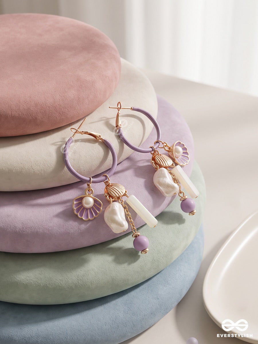 Mauve Marina – Purple Hoop Earrings With Shell And Pearl Charms