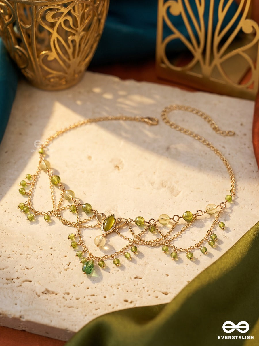 Sage Shimmer – Layered Green Crystal Beaded Drape Necklace With Golden Details