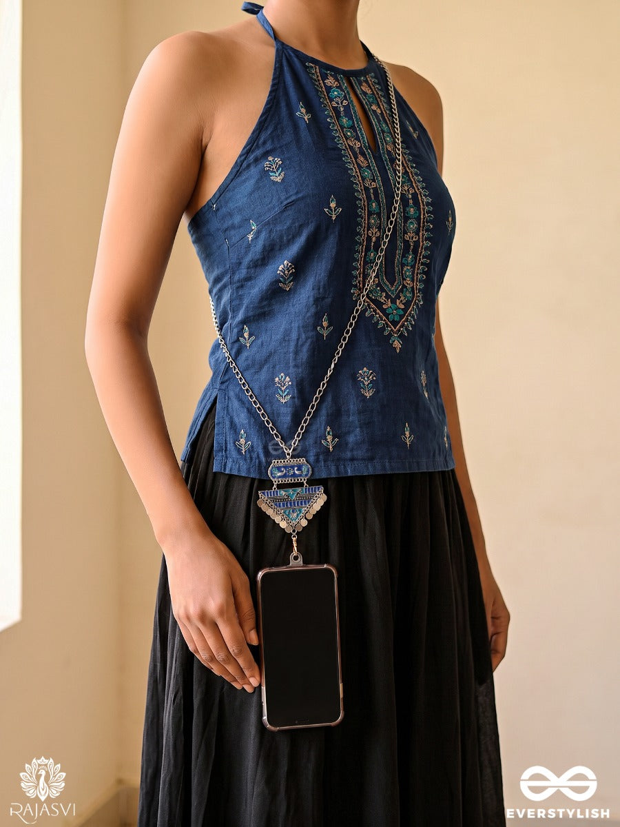 Jhankriti – Oxidised Phone Charm With Blue Enamelled Heritage Motif And Silver-Tone Details
