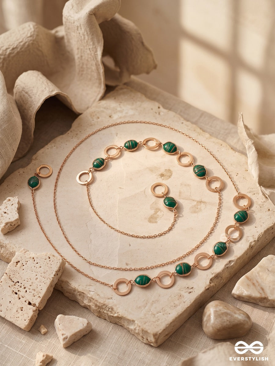 Botanica – Multiway Chain With Emerald Green Stone Beads And Gold Ring Accents That Can Be Styled As Necklace; Scarf-Style Necklace; Waist Chain; Knot Necklace