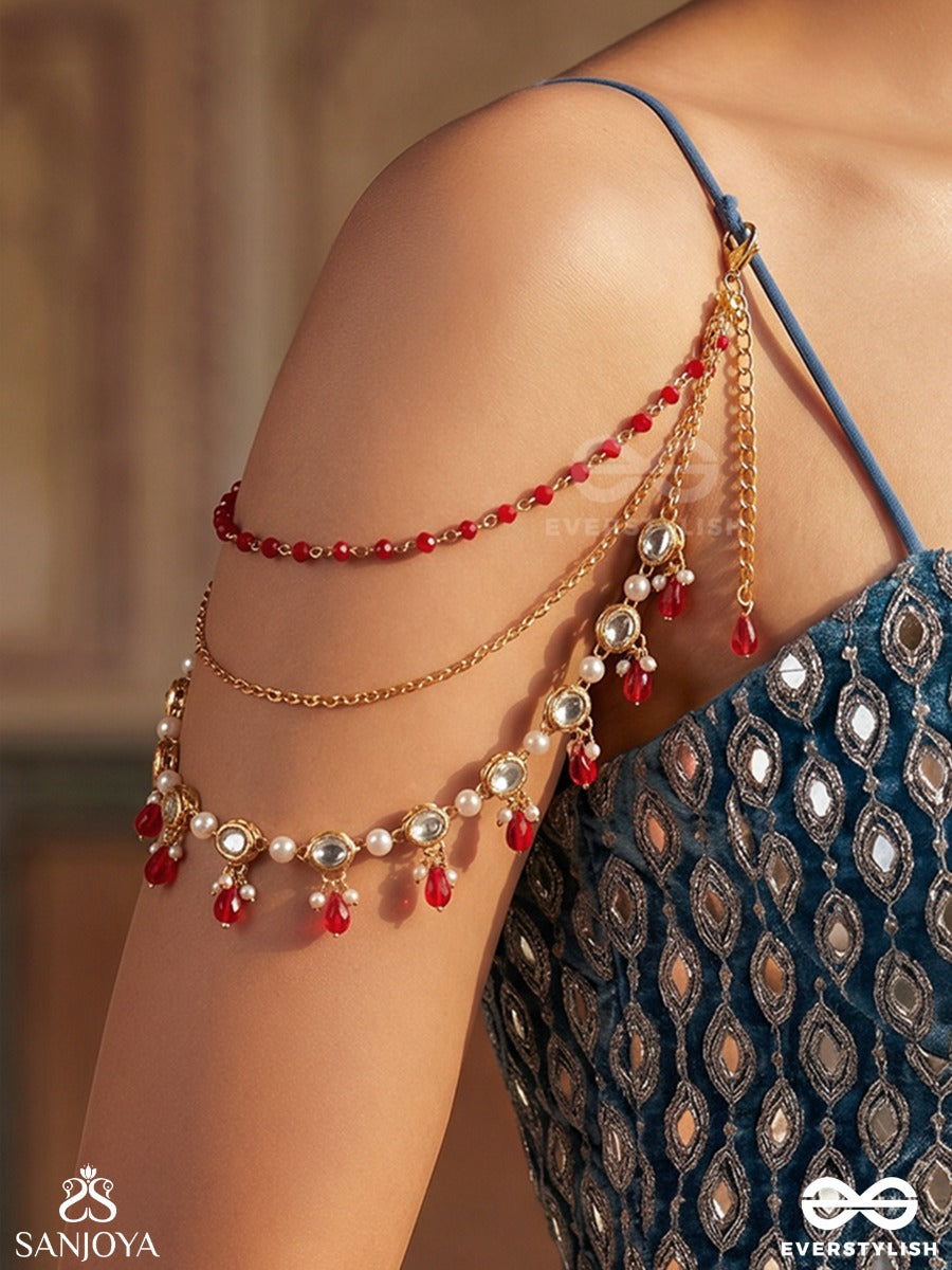 Kshitijika – Horizon Of Beauty – Convertible Body Jewellery That Styles As A Necklace Or Shoulder Chain With Ruby Bead Accents, Pearl Drops And Draped Chains