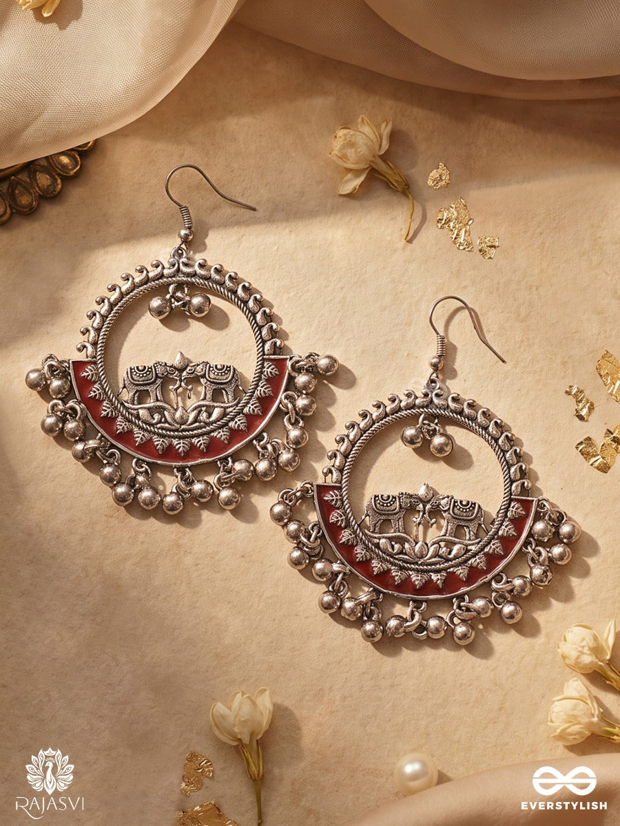 Padminika – Oxidised Hoop Earrings With Red Enamel, Lotus Motifs And Silver-Tone Drops