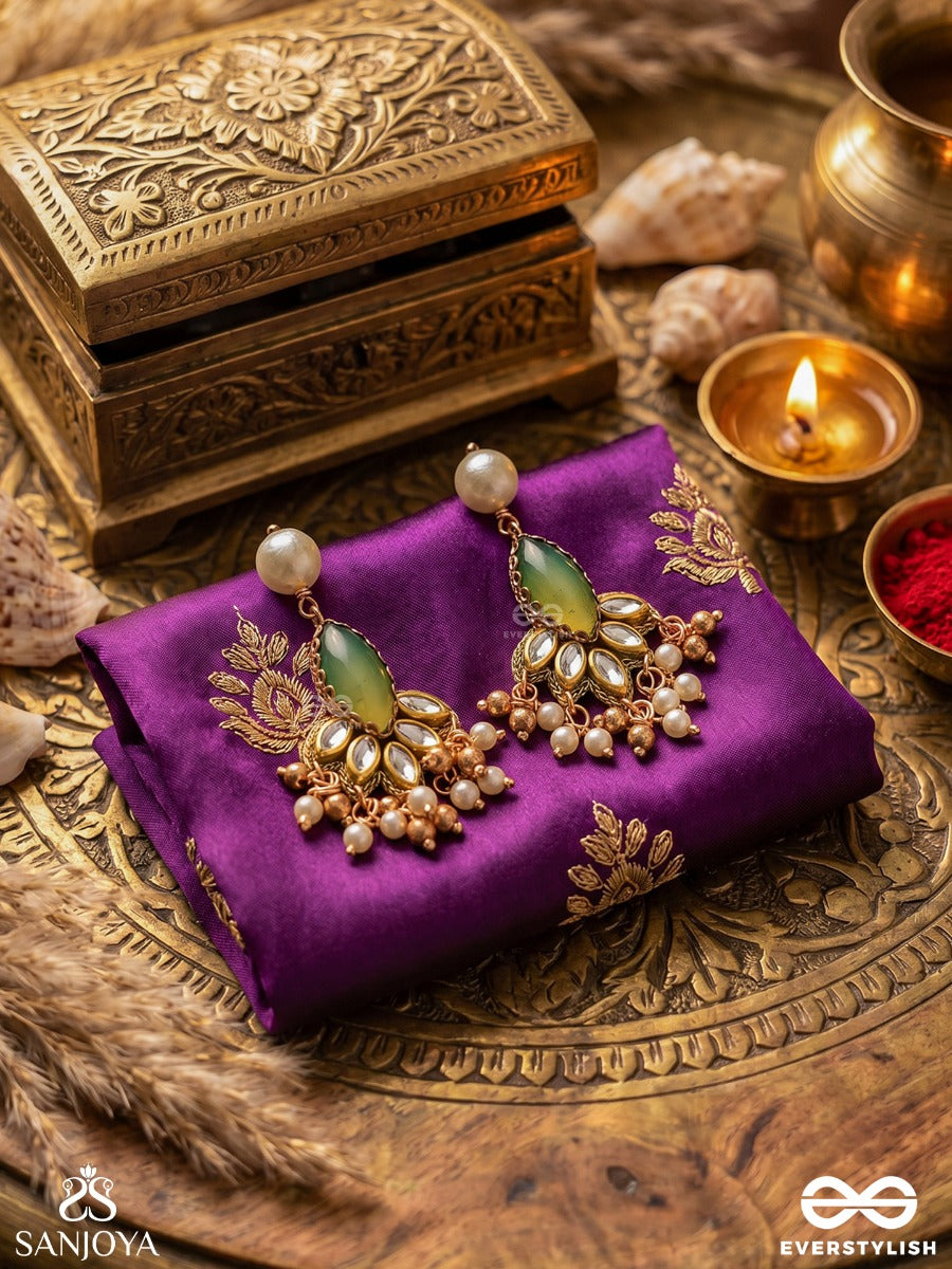 Kshamini - Graceful Lady- Slim Chain Design Kundan Earrings With Leaf Design