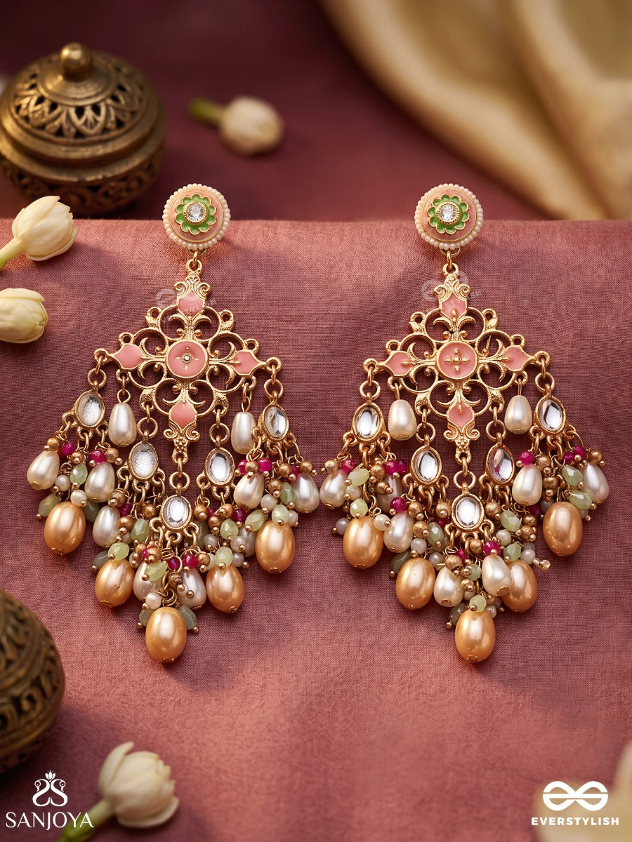 Ahladini – Full Of Joy – Heritage Earrings With Peach Enamel Motifs, Cascading Pearls, Colourful Bead Clusters And Soft Peach Drops