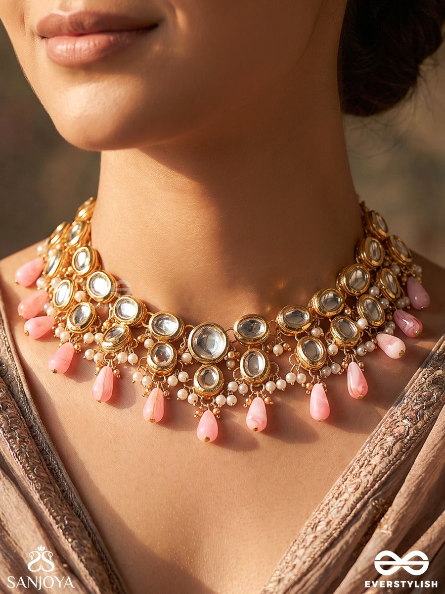 Pinkajyoti – Lotus Radiance – Heritage Necklace With Mirror Kundan Motifs, Pearl Clusters And Blush Pink Teardrop Accents