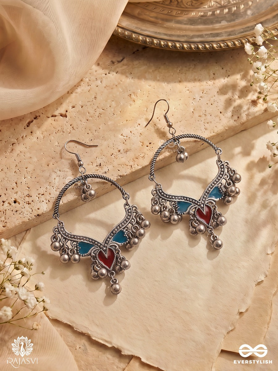 Hridini – Oxidised Hoop Earrings With Red And Turquoise Enamel Accents And Ghungroo Drops