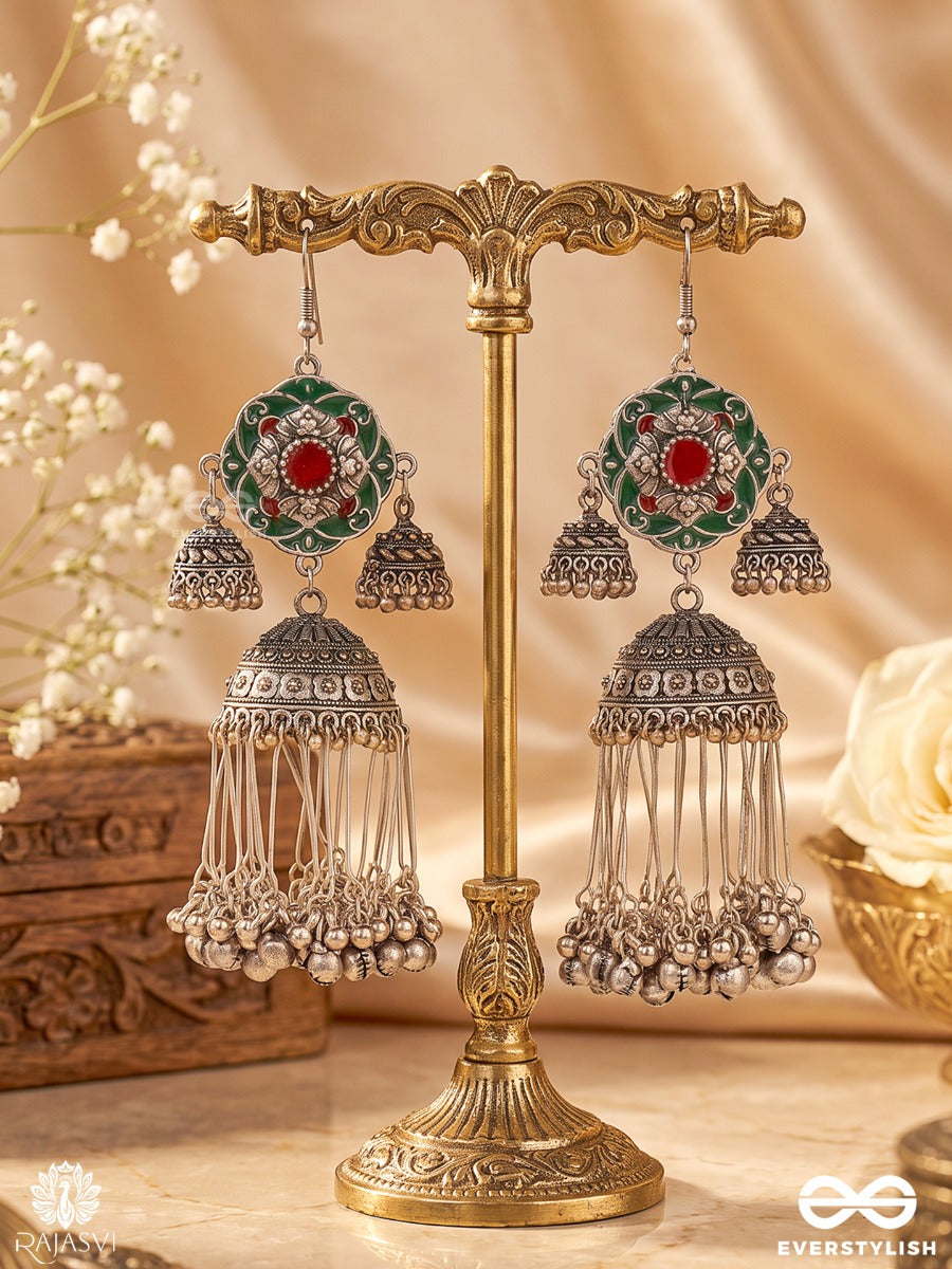 Mehfiza – Oxidised Earrings With Red-Green Enamel, Jhumki Motifs And Ghungroo Tassels