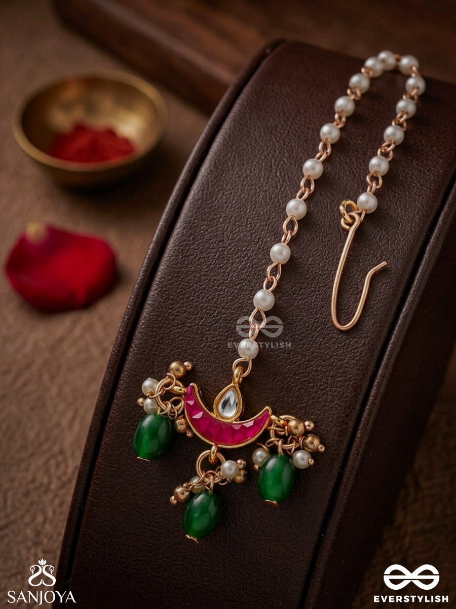 Shashiratna- Jewel Of The Moon- Kundan Maangtika Inspired By The Moon's Radiance With Pearls And Green Drops