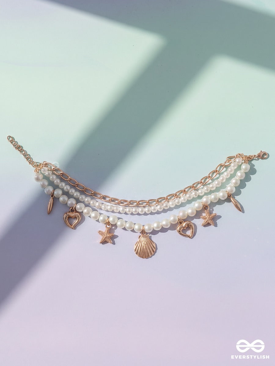Ocean Keepsake – Triple-Layer Golden Pearl Anklet (Single) With Starfish, Shell And Heart Charms
