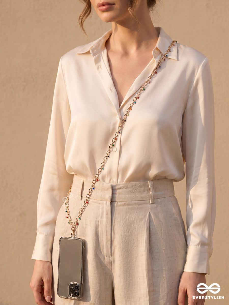 Sprinkle Line – Gold-Tone Phone Sling With Colourful Bead Drops
