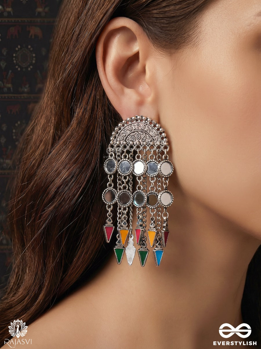 Rangmandal – Oxidised Earrings With Multicolour Enamel Charms And Mirror Details