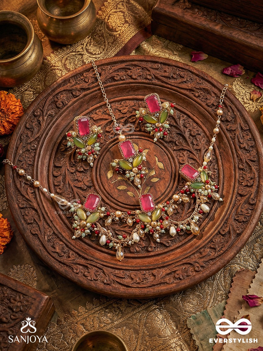 Asita - The Regal Orchid - Stones, Beads And Pearls Hand Embroidered Set With Neckpiece, Earrings & Maangtika