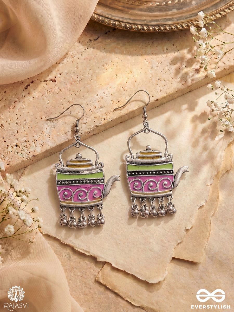 Chayamanjari – Oxidised Teapot Earrings With Multicolour Pastel Enamel And Ghungroo Drops