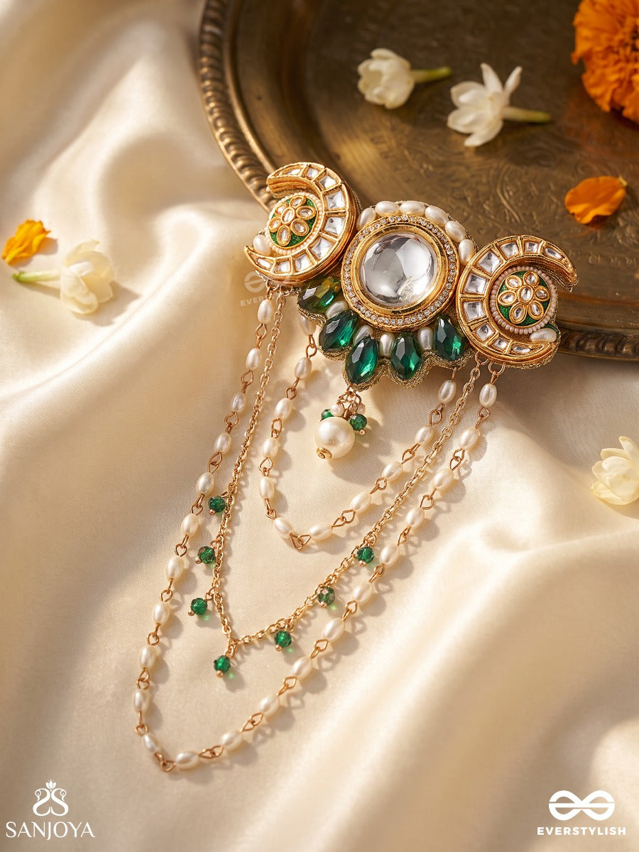 Ardhika – Little Crescent – Heritage Hair Accessory With Crescent Meenakari Motifs, Mirror Kundan Centre, Pearl Chains And Emerald Bead Accents