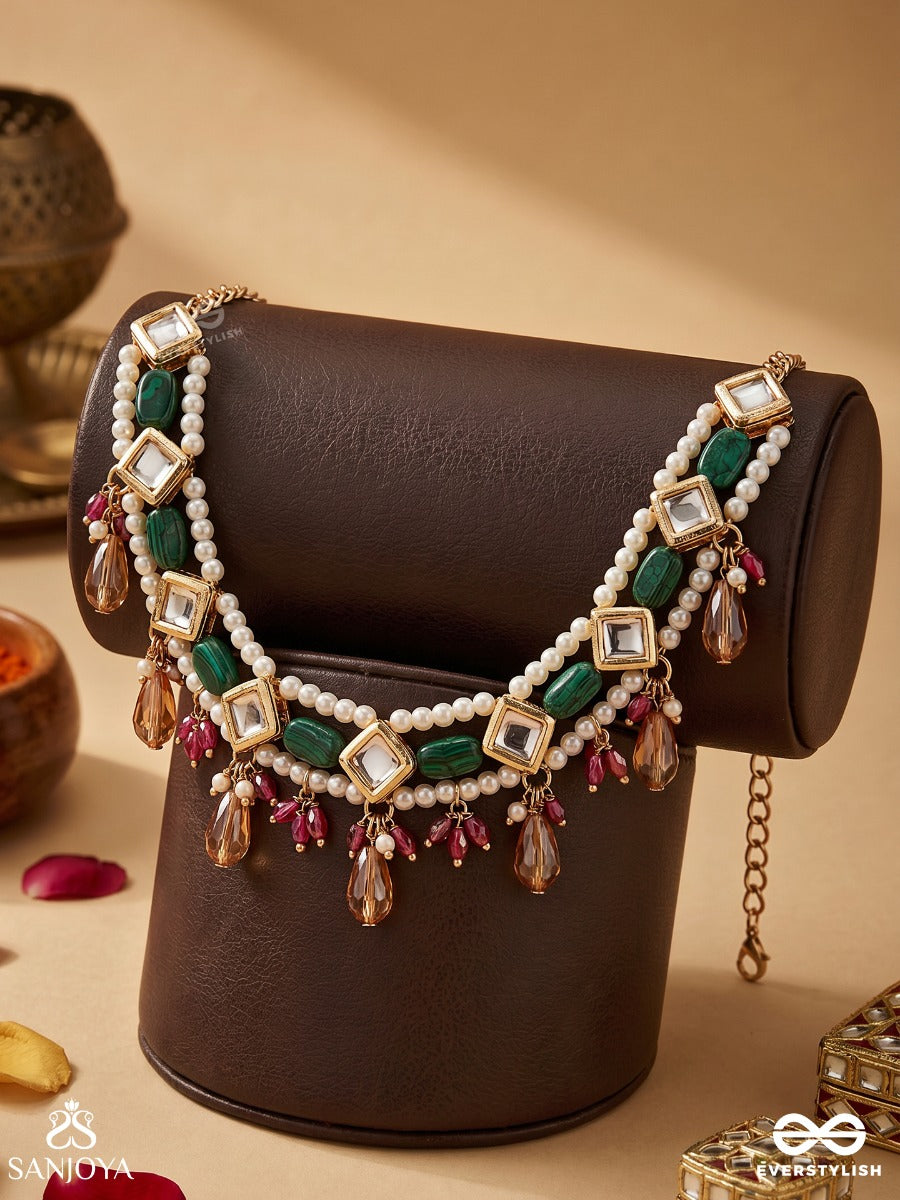 Parnajyoti – Radiant Foliage – Heritage Choker With Emerald Kundan Panels, Pearl Accents And Peach Crystal Drops
