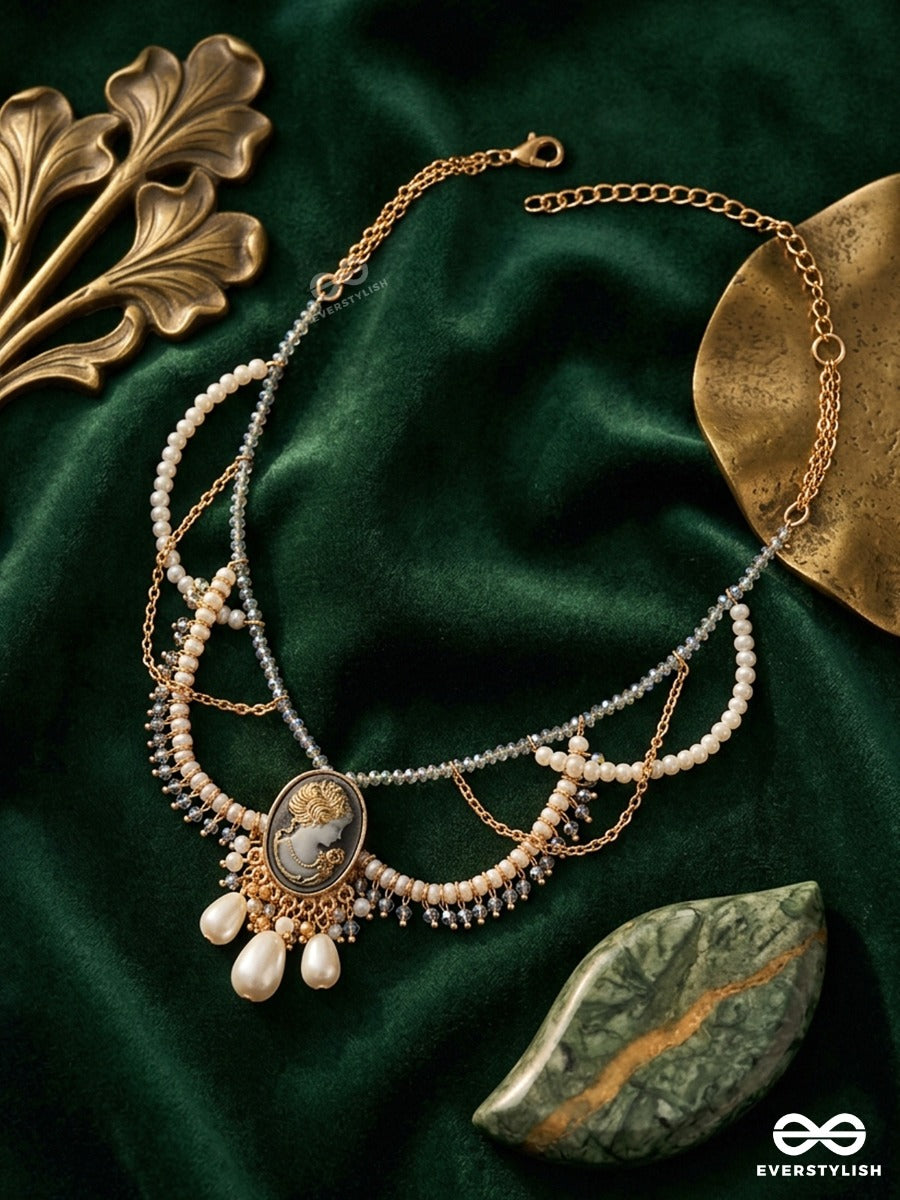 Zaria – Delicate Necklace With Draped Pearl Strands, Centre Charm And Mixed-Tone Details