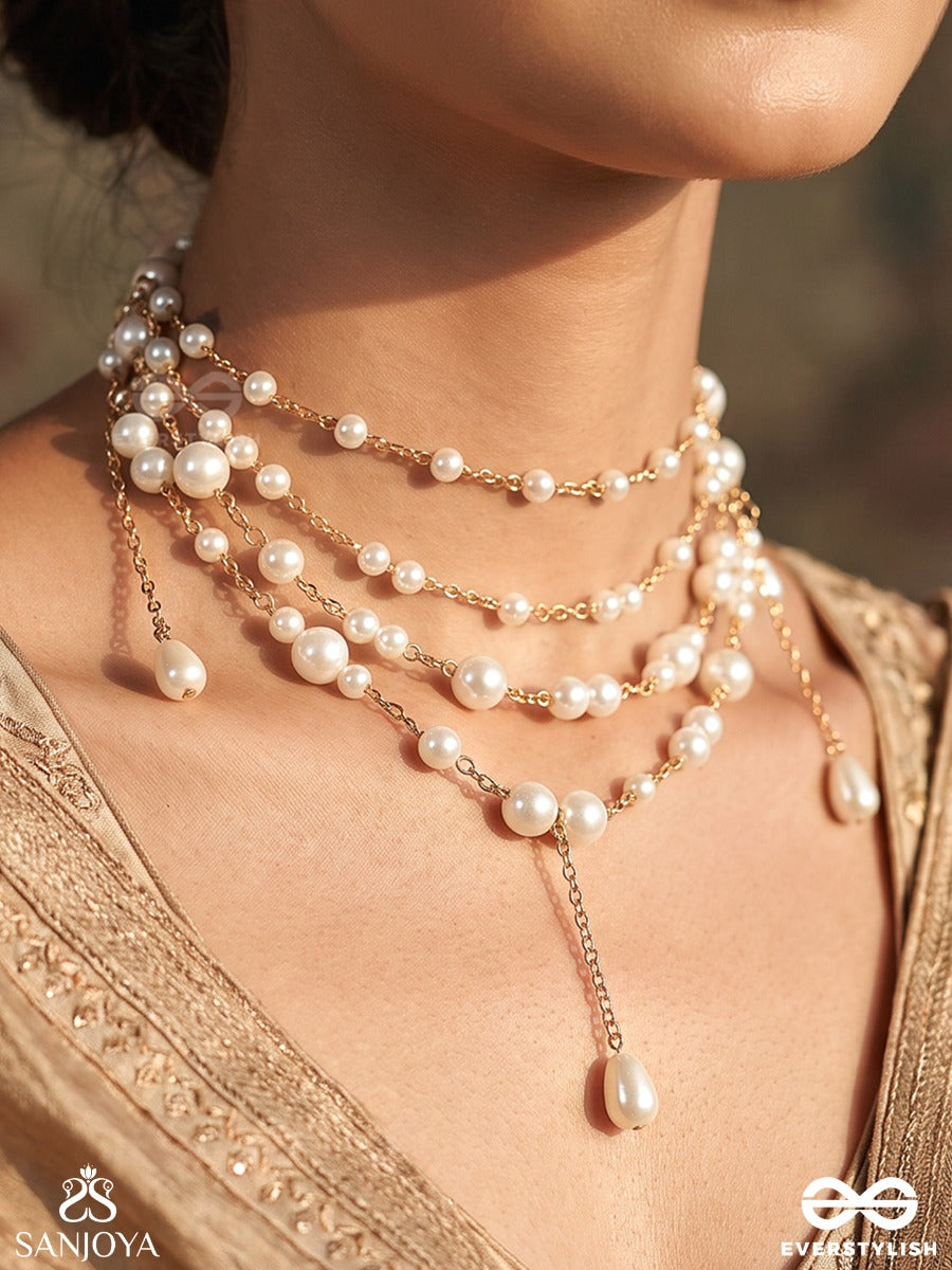 Farheen – Joyful Radiance – Multi-Purpose 3-In-1 Layered Chain With Lustrous Pearl Strands, Golden Links And Delicate Drop Accents