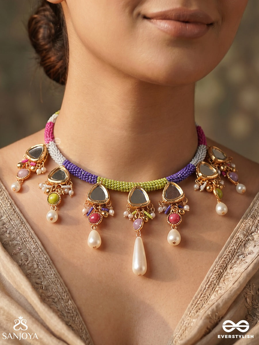 Ranghasli – Coloured Collar – Ornate Hasli Necklace With Multi-Thread Wrapped Base, Kundan-Like Triangle Motifs, Pearl Drops And Colourful Bead Accents
