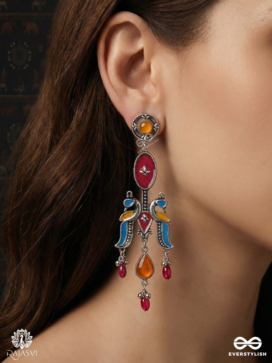 Morlekhika – Oxidised Peacock Earrings With Multicolour Enamel, Teardrop Stones And Ghungroo Drops