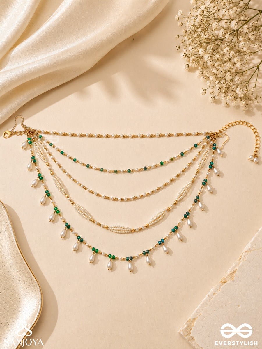 Yashna – Celebration Of Glory – Multi-Purpose 3-In-1 Layered Chain With Emerald Beads, Pearl Drops And Delicate Golden Strands
