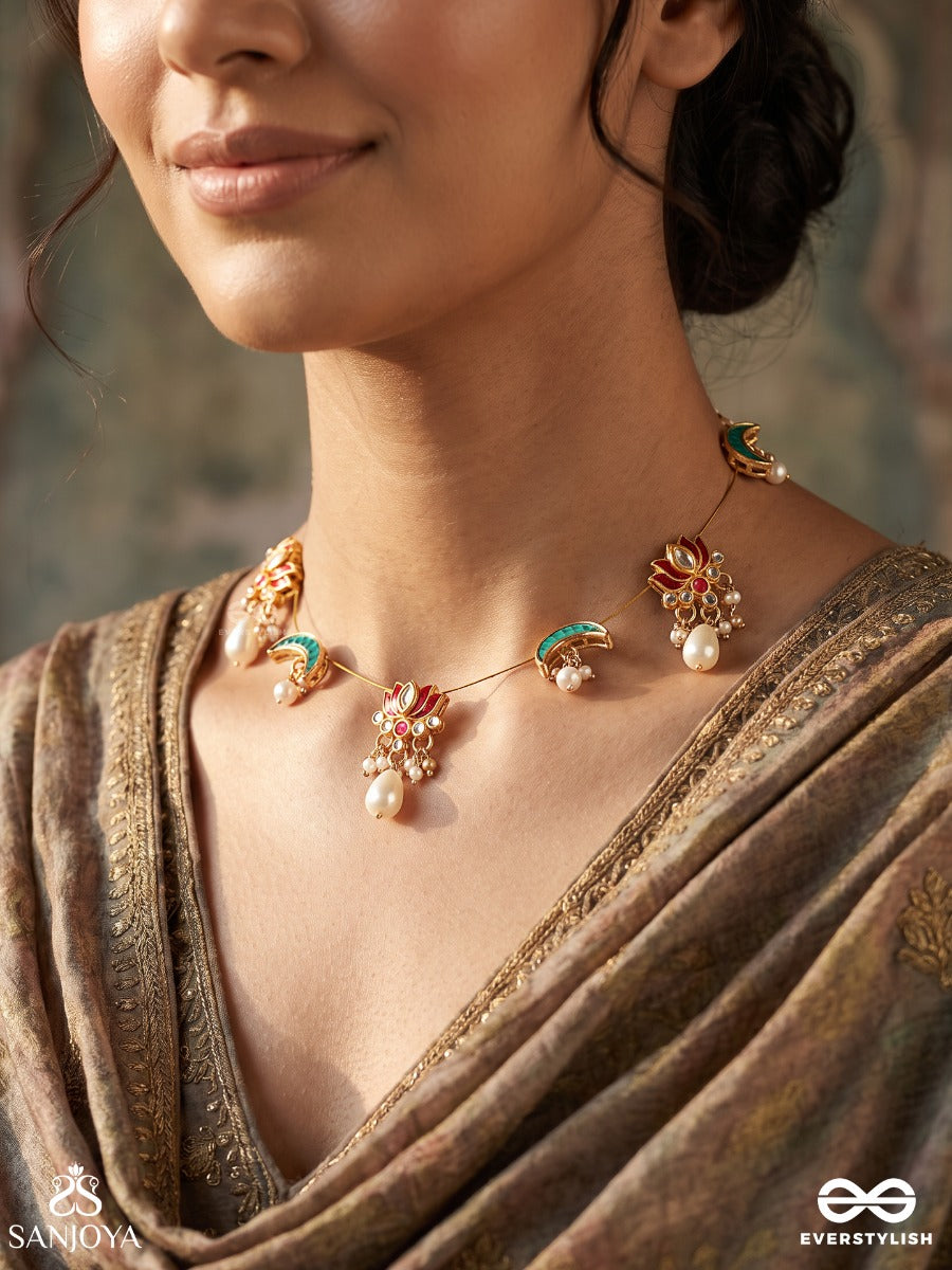 Madhurima – Sweet Grace – Heritage Necklace With Enamel Crescent Motifs, Coral Floral Clusters, Pearl Drops And Golden Detailing