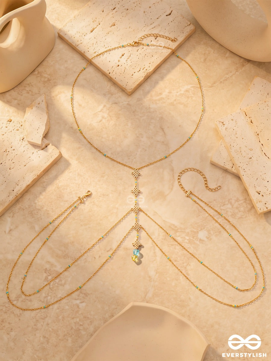 Sea Sprig – Layered Golden Body Chain With Pastel Bead Accents And Aqua Stones