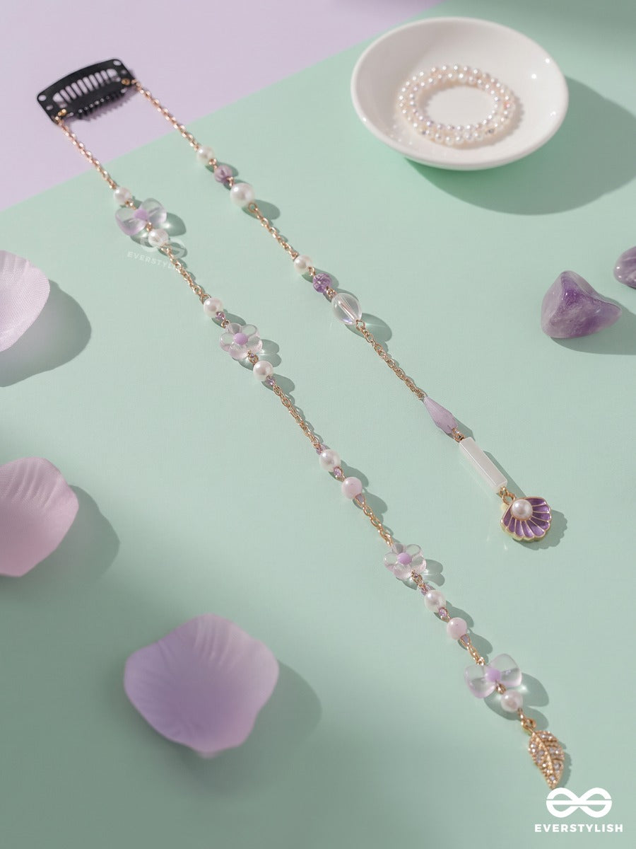 Lagoon Lily – Gold Chain Hair Clip With Pearls, Lavender Flowers And Shell Charms