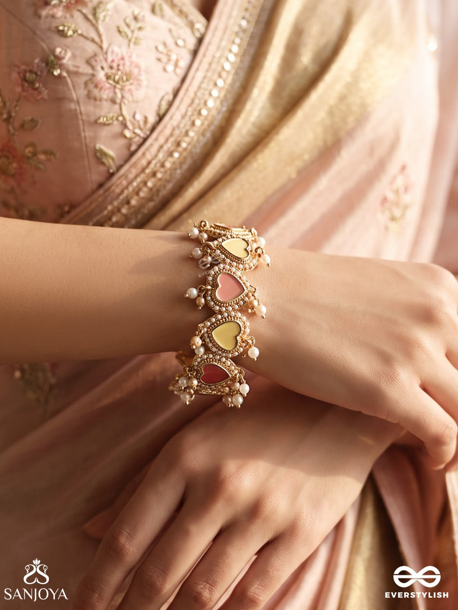 Hridaya – Heart – Heritage Bracelet With Blush-Ivory Heart Motifs, Pearl Clusters And Ornate Golden Detailing
